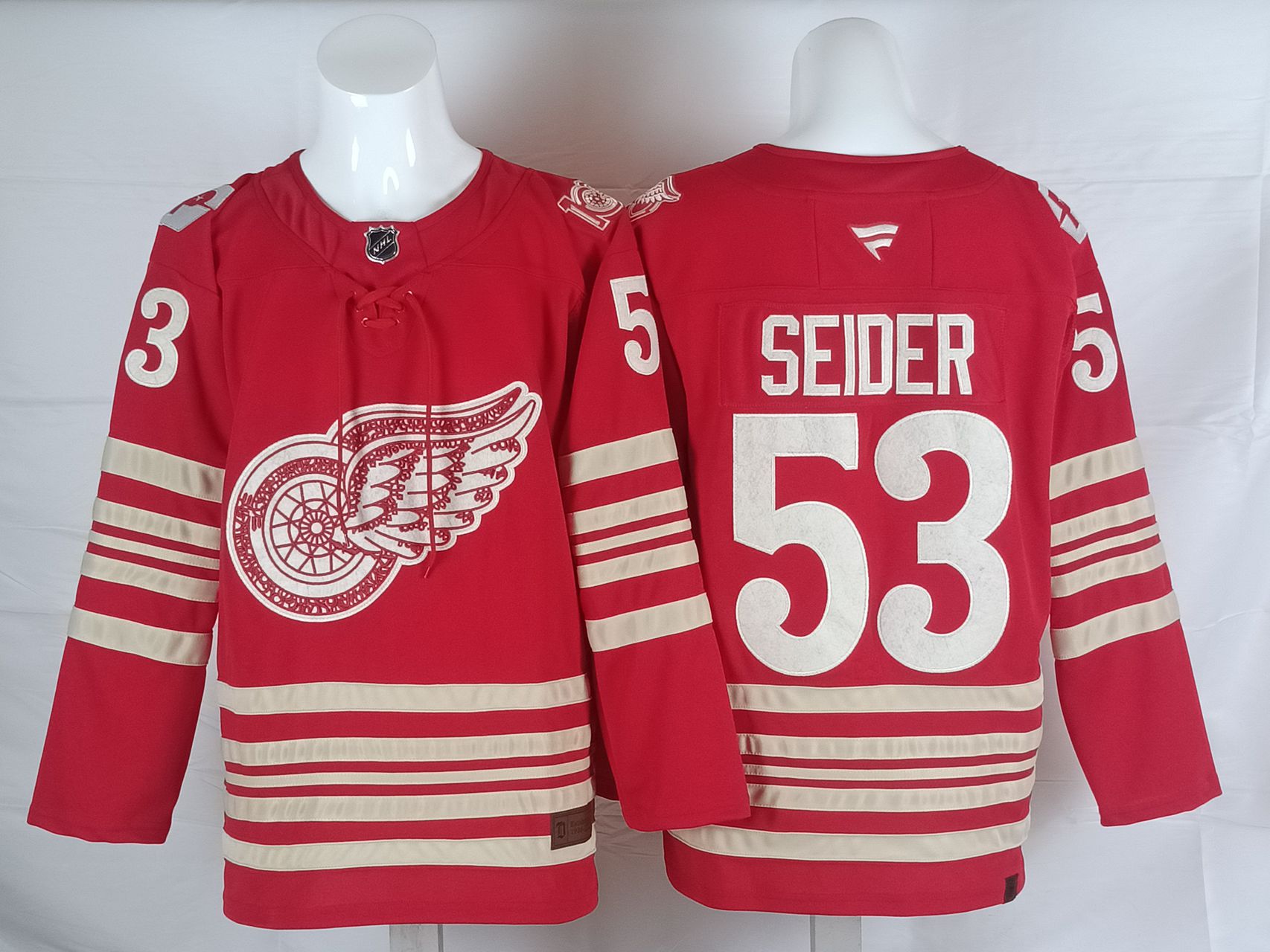 Men 2026 Detroit Red Wings #53 Seider Red 100th NHL Jersey style 01